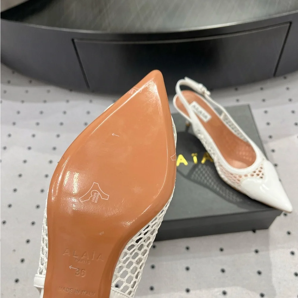 ALAÏA White Mesh Pointed Slingback Heels - Picture 8 of 9